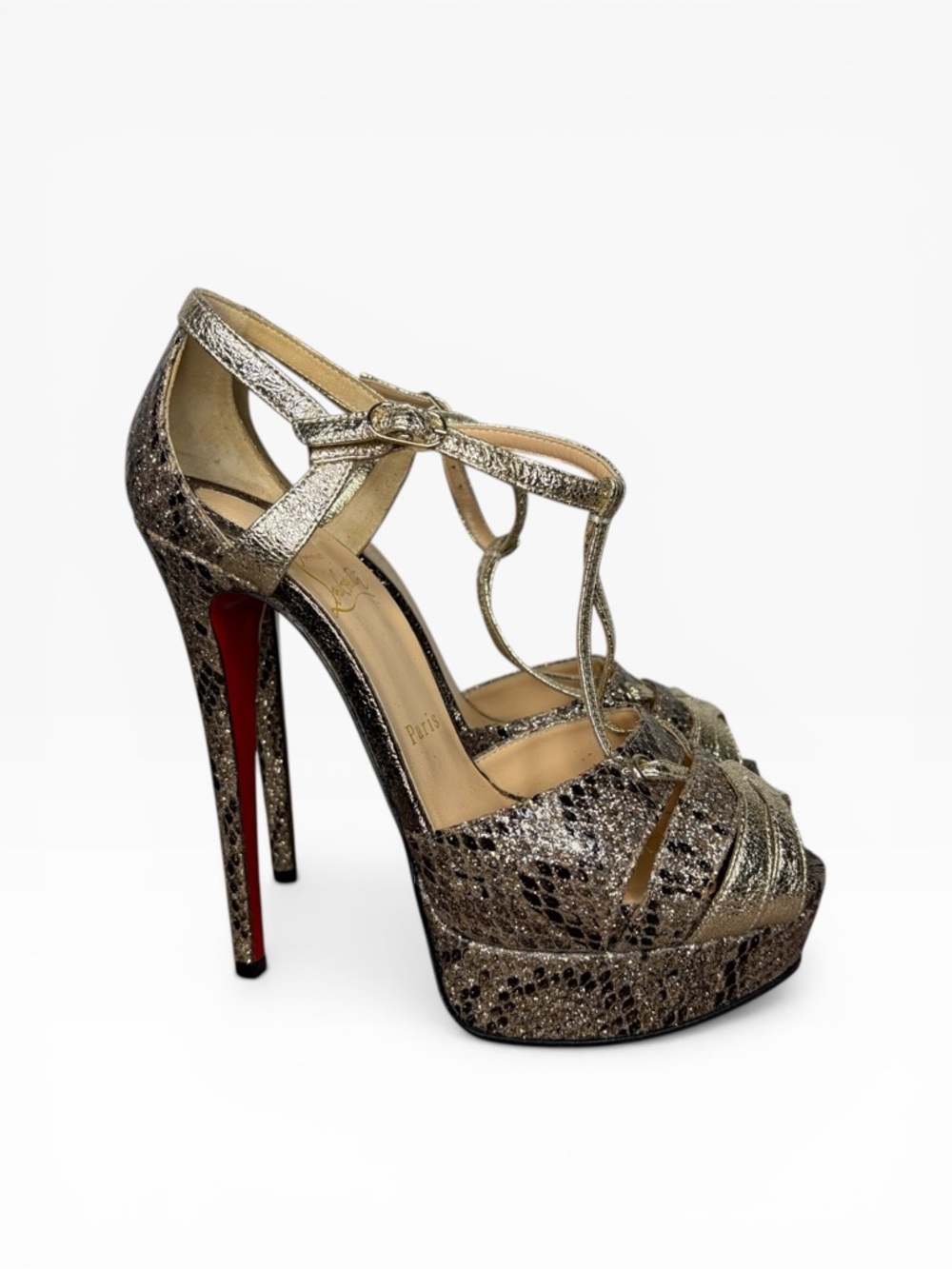 Christian Louboutin Metallic Gold Snake-Embossed T-Strap Platform Pump Size 37.5